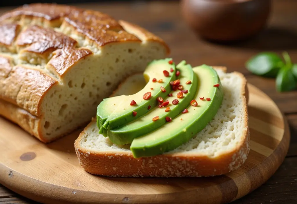 single slice of sourdough bread with a healthy avocado topping showcasing it as a more nutritious bread option for a weight l