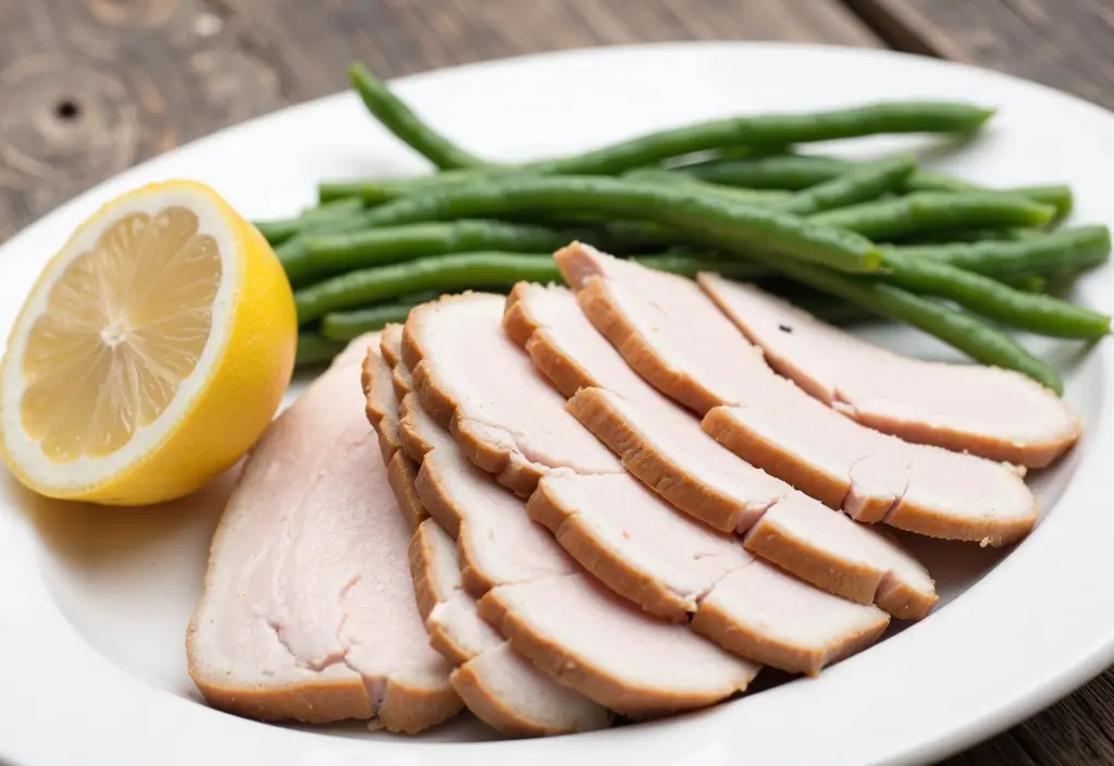 sliced turkey breast served with green vegetables representing a high-protein low-fat meal ideal for weight loss