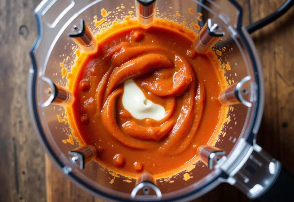soaked cashews being blended into a creamy sauce demonstrating their use as a healthy plant-based alternative to high-fat dairy in cooking