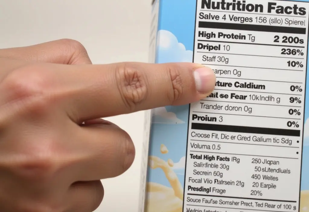 the nutrition label of skim milk being highlighted focusing on the protein and calcium content to show its value in a balanced diet