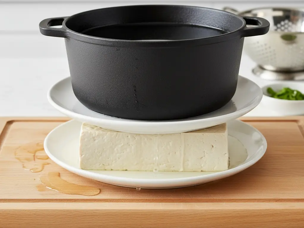 the process of pressing water out of a block of tofu a preparation method to improve it for low-calorie plant-based cooking