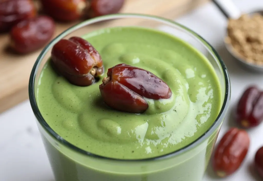 two dates being used as a natural sweetener in a healthy smoothie showing how to use them in moderation to replace refined sugar