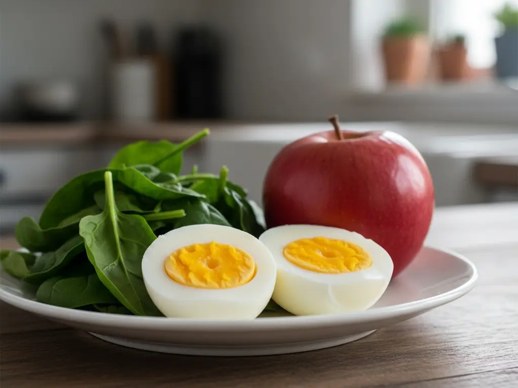 two sliced hard-boiled eggs presented with spinach as a simple high-protein meal ideal for satiety and weight loss