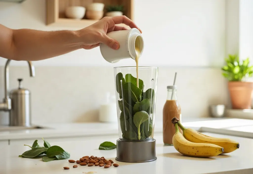 unsweetened almond milk being poured into a blender for a smoothie highlighting it as a low-calorie liquid base for weight loss drinks