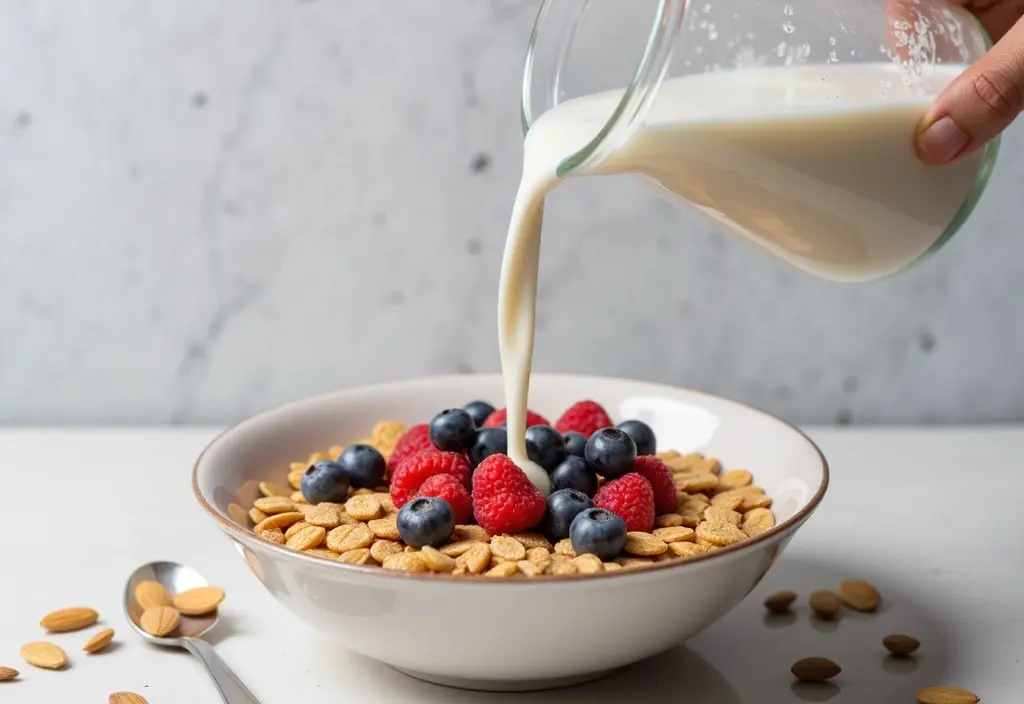 unsweetened almond milk being poured over high-fiber cereal showcasing it as a low-calorie dairy-free choice for a weight loss breakfast
