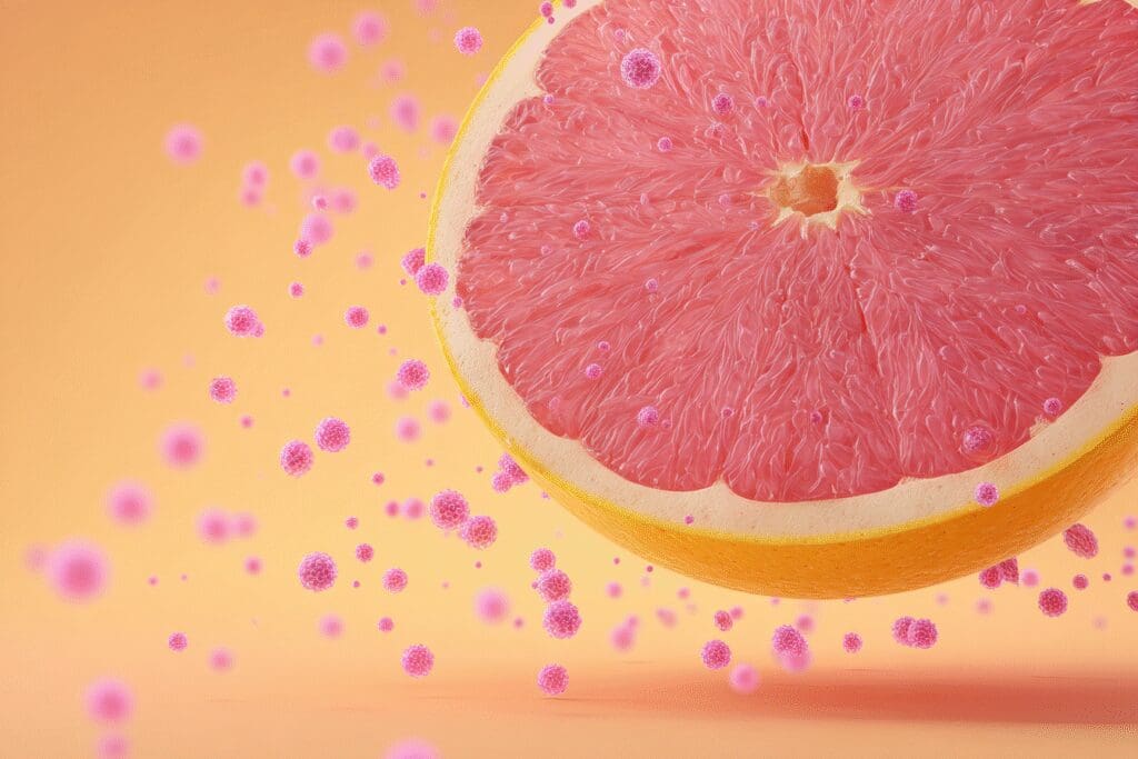 A grapefruit slice acting as a magnet for fat cells explaining the FAQ on is grapefruit good for weight loss