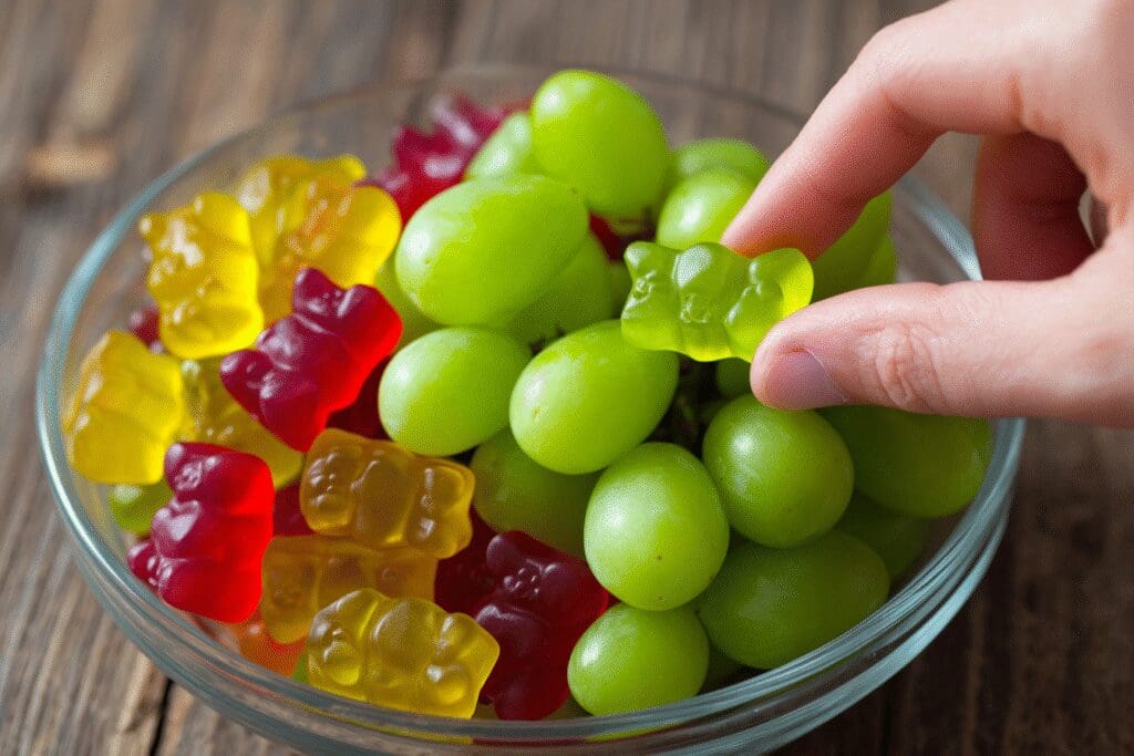 A hand choosing grapes over gummy bears illustrating the answer to the FAQ on are green grapes good for weight loss