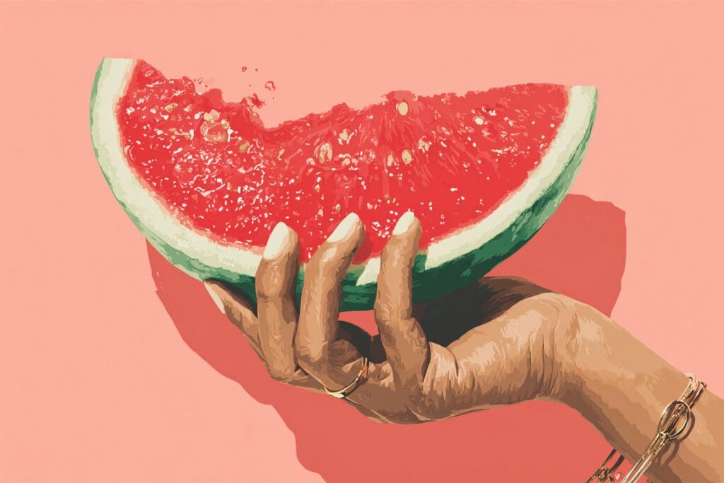 A person being refreshed by eating watermelon answering the FAQ on is watermelon good for weight loss