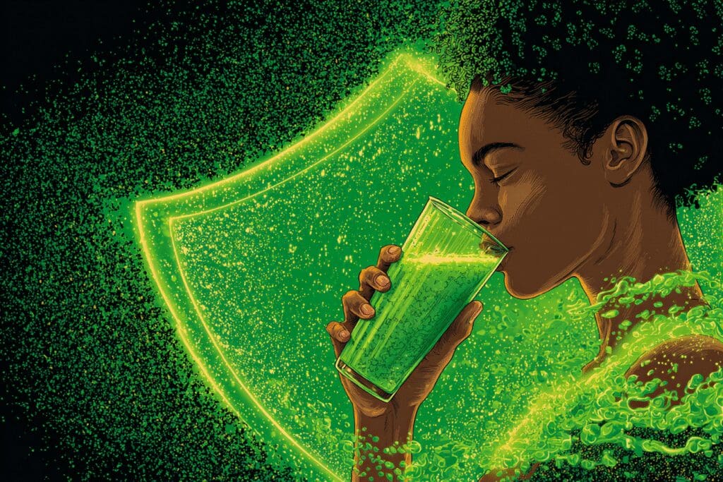 A person drinking a spinach smoothie and gaining a shield a metaphor for the FAQ on is spinach good for weight loss