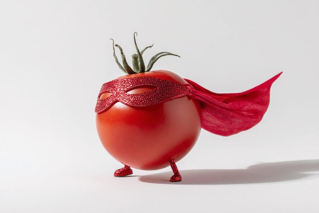 A tomato dressed as a superhero a visual for the FAQ on are tomatoes good for weight loss