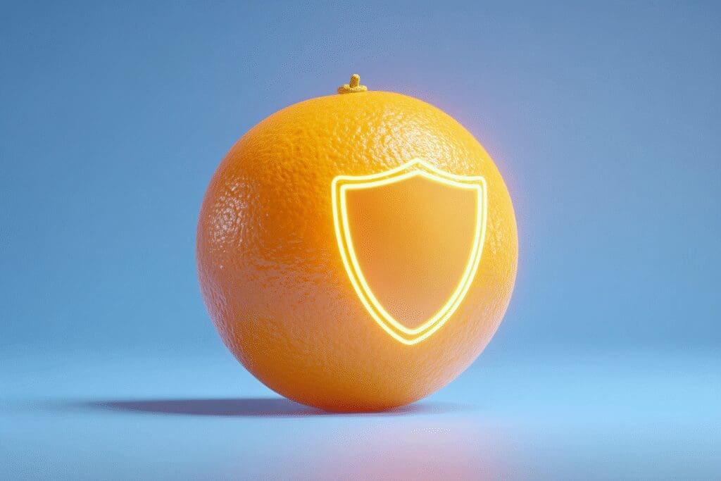 An orange with a shield and rope icon illustrating the answer to the FAQ on are oranges good for weight loss