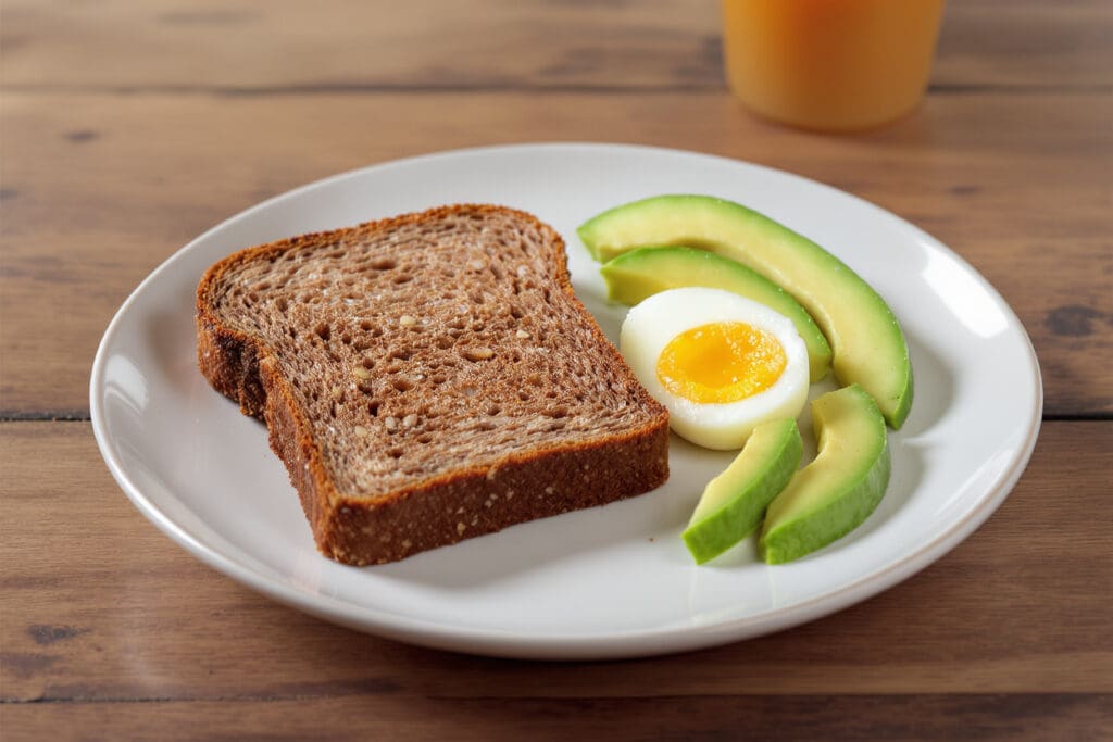 a balanced breakfast plate with a single slice of rye bread an egg and avocado showing a satisfying high-fiber meal for weight loss