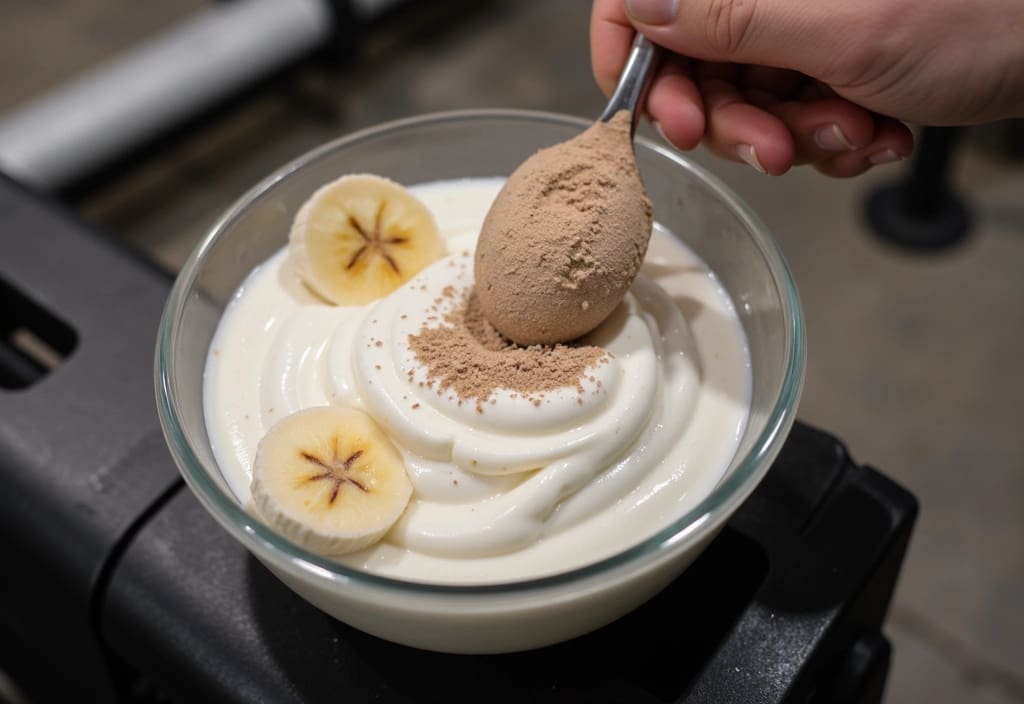 a bowl of greek yogurt mixed with protein powder representing a high-protein muscle-building meal for a post-workout recovery