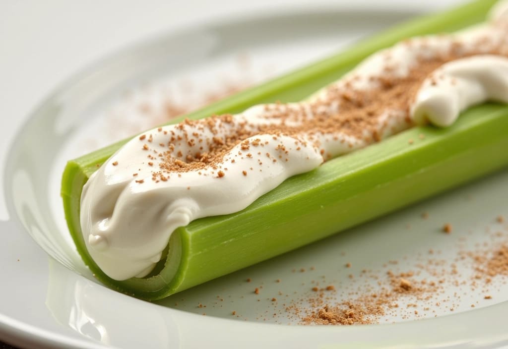 a celery stick with a light filling of low-fat cream cheese representing a low-carb high-flavor snack for a weight loss plan