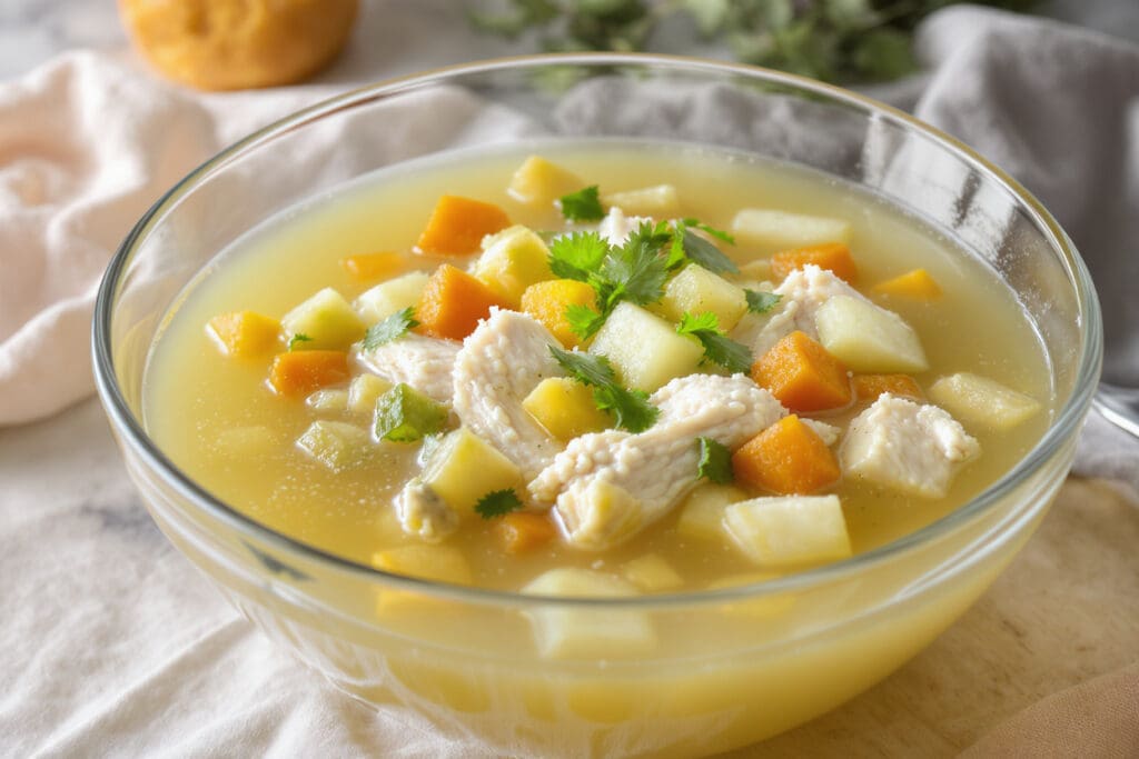 a clear broth-based chicken and vegetable soup shown as a hydrating high-volume and low-calorie meal that promotes fullness