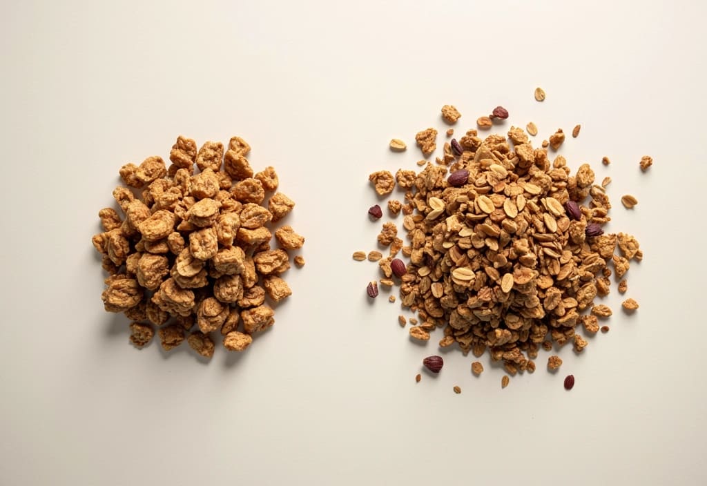 a comparison between sugary store-bought granola and a healthier homemade version emphasizing the importance of choosing low-sugar options