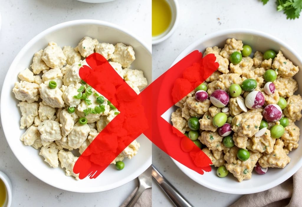 a comparison photo showing an unhealthy mayonnaise-based tuna salad next to a healthy oil-based one highlighting the better choice for weight loss