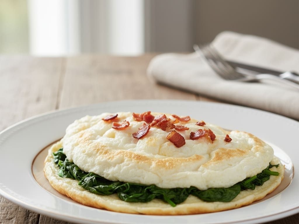 a healthy egg-white omelet with a small amount of crumbled bacon on top illustrating how to use it in moderation for flavor in a weight loss diet