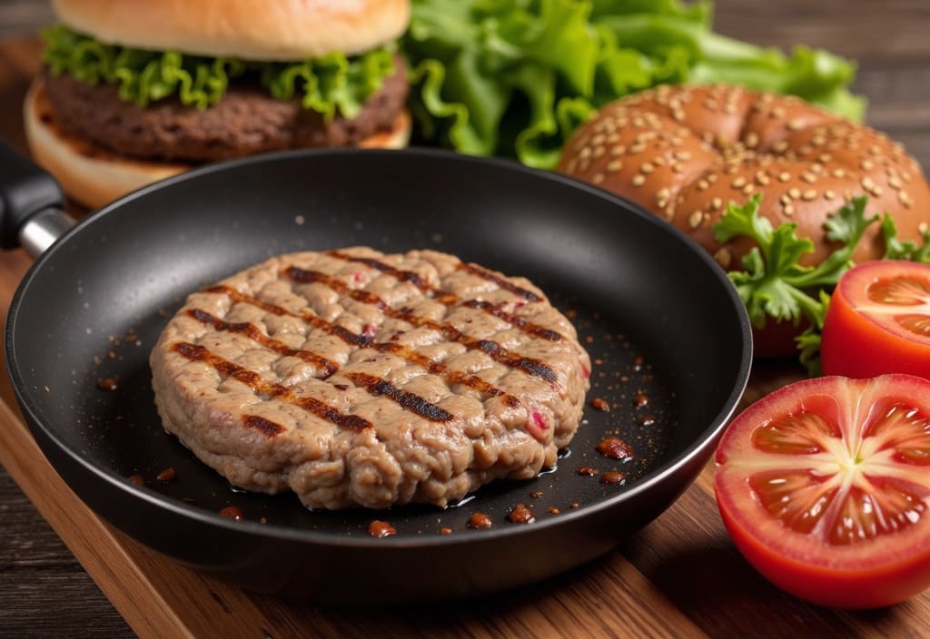 a lean ground turkey burger being cooked presented as a healthier high-protein alternative to a traditional beef burger for weight loss
