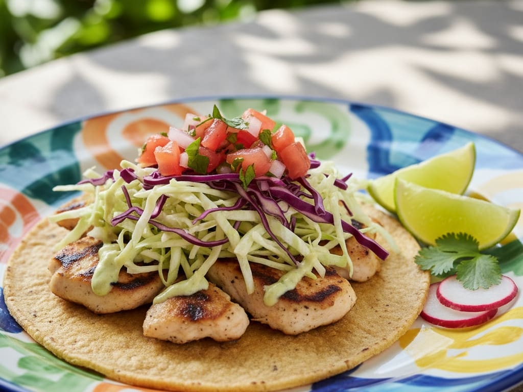 a light and healthy fish taco with fresh salsa and slaw demonstrating a flavorful low-calorie way to enjoy fish for weight loss
