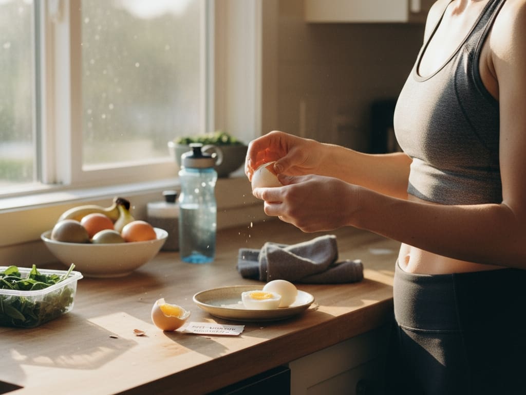 a person peeling a hard-boiled egg after a workout showing it as a convenient high-protein snack for muscle recovery and weight loss
