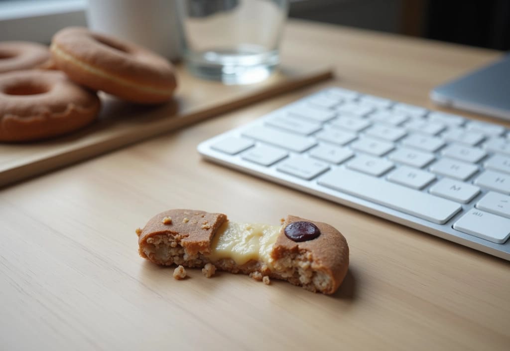 a protein bar shown as a smart snack choice in an office setting helping to curb cravings and prevent unhealthy eating during the workday