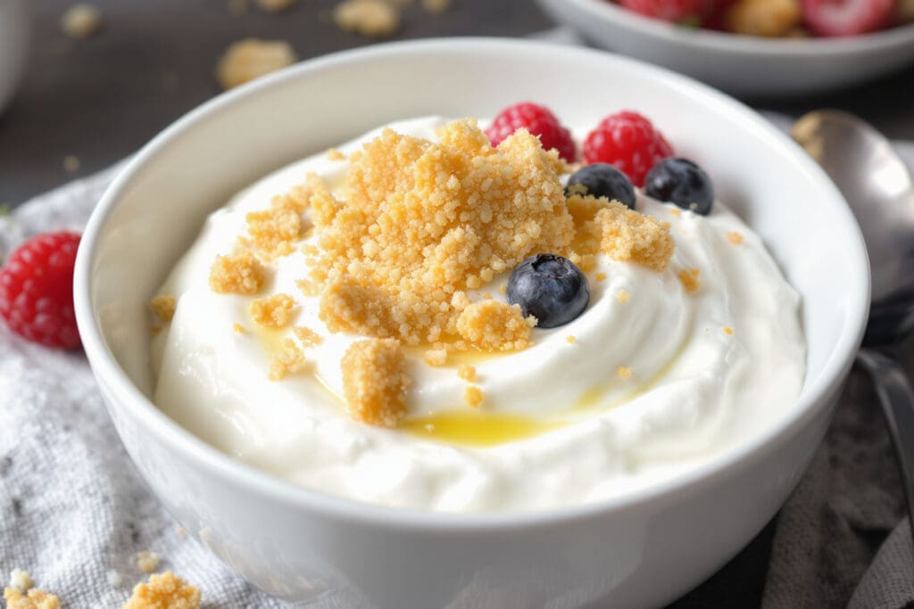 a rice cake crumbled over yogurt as a low-calorie alternative to granola demonstrating a creative way to use it for a crunchy texture