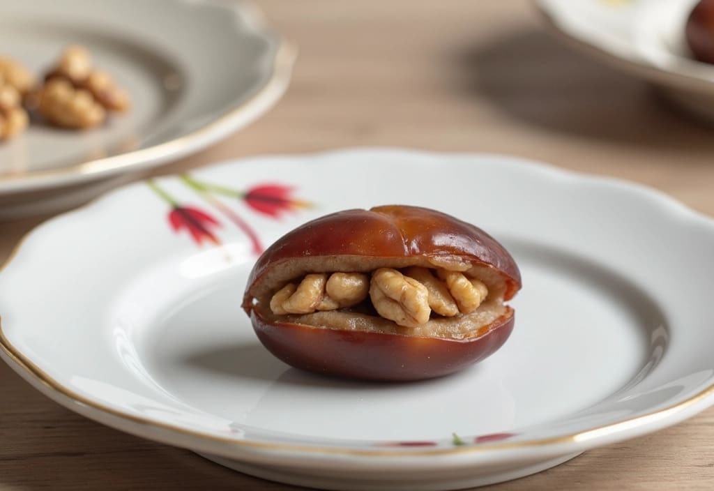 a single date stuffed with a walnut shown as a portion-controlled natural dessert substitute to satisfy a sweet tooth during weight loss