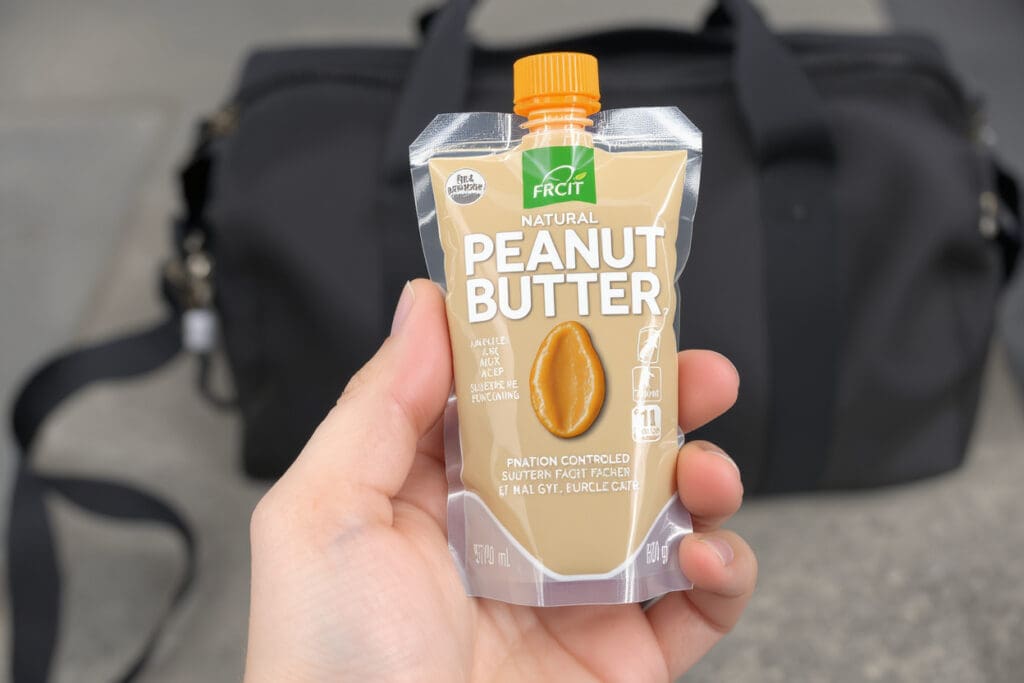 a single-serving squeeze pack of peanut butter highlighting the importance of strict portion control for this high-calorie food