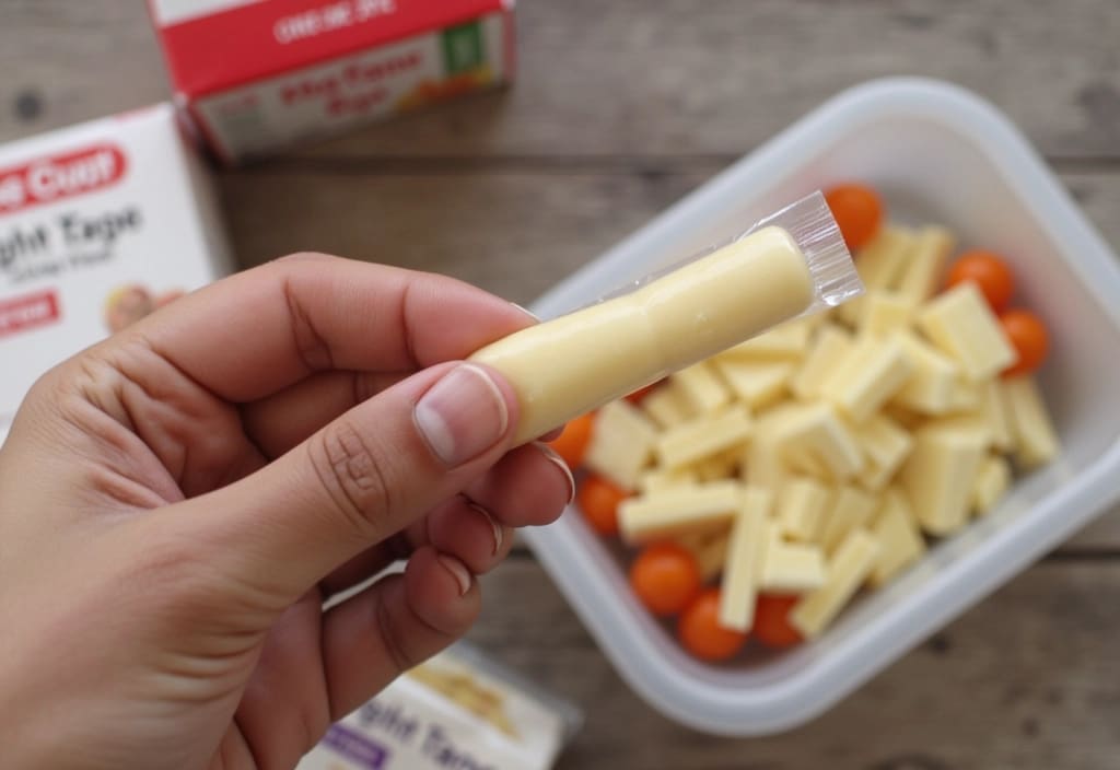 a single string cheese stick shown as a pre-portioned portable high-protein snack that can fit into a weight loss plan