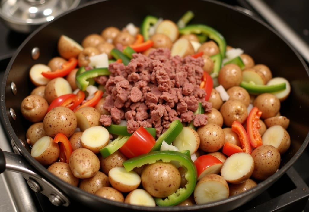 a vegetable-heavy hash with a minimal amount of corned beef for flavor showing how to reduce intake for a healthier weight loss meal