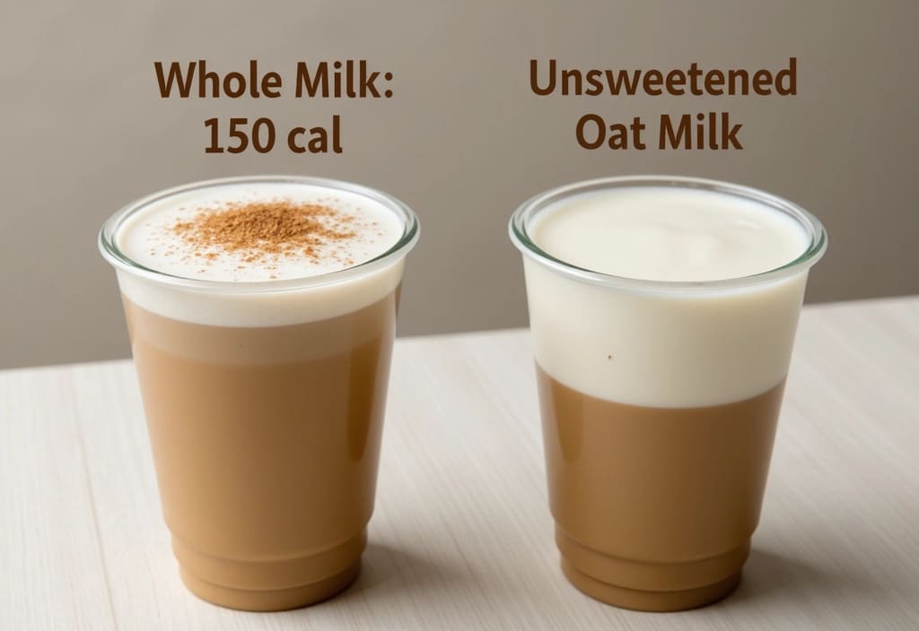 a visual comparison of the calorie content in lattes made with whole milk versus unsweetened oat milk aiding a weight loss choice