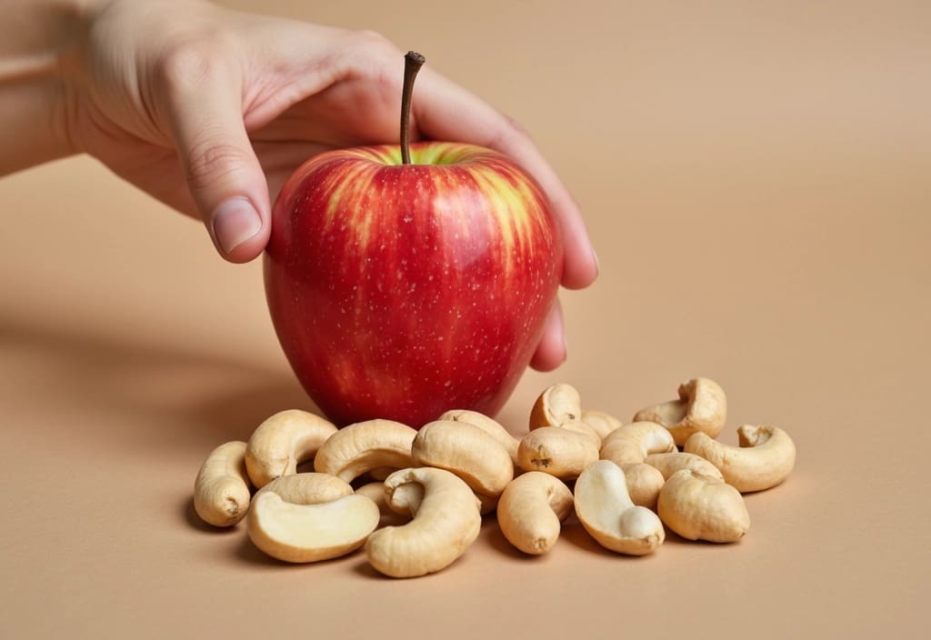 an apple paired with a small counted portion of cashews illustrating a balanced and satisfying snack for a weight loss plan