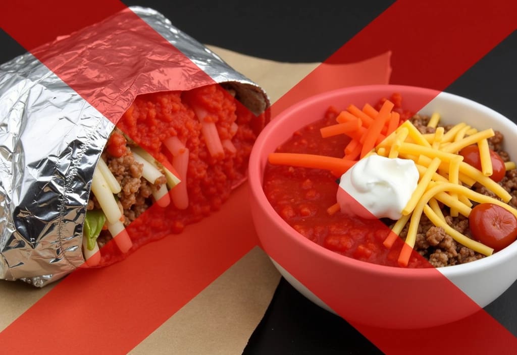 an image of an unhealthy high-calorie chipotle burrito and toppings illustrating the menu choices to avoid when trying to lose weight