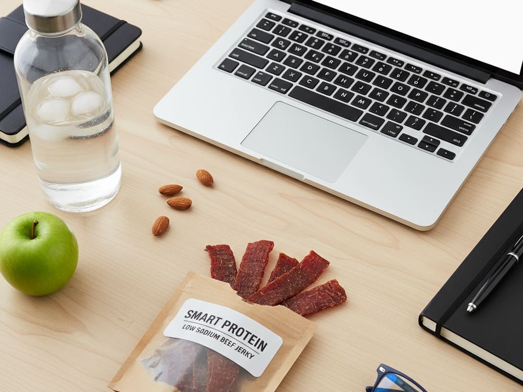 beef jerky shown as a convenient portion-controlled high-protein snack on an office desk to avoid unhealthy choices
