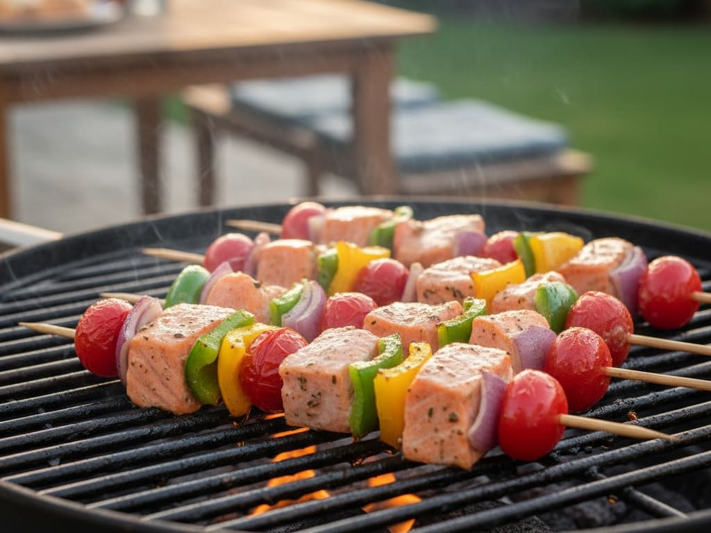 salmon and vegetable kebabs cooking on a grill showcasing a flavorful and healthy way to prepare fish for a weight loss meal