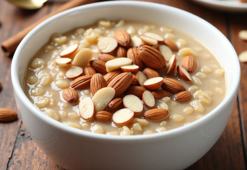 slivered almonds used as a healthy crunchy topping for oatmeal demonstrating a way to add protein and healthy fats in moderation