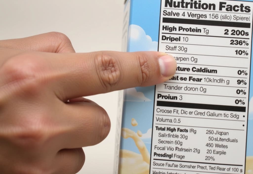 the nutrition label of skim milk being highlighted focusing on the protein and calcium content to show its value in a balanced diet