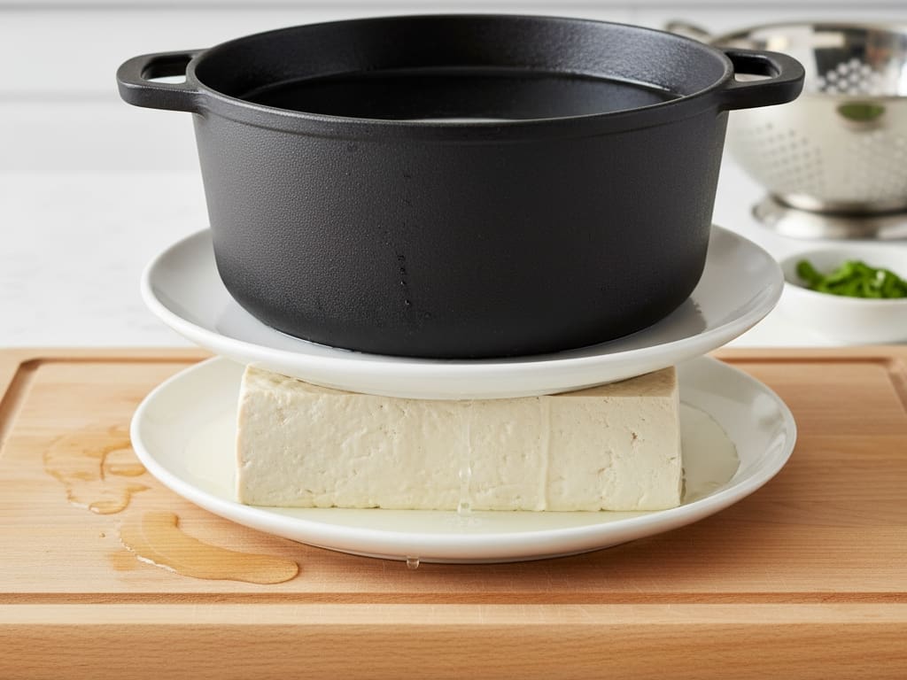the process of pressing water out of a block of tofu a preparation method to improve it for low-calorie plant-based cooking