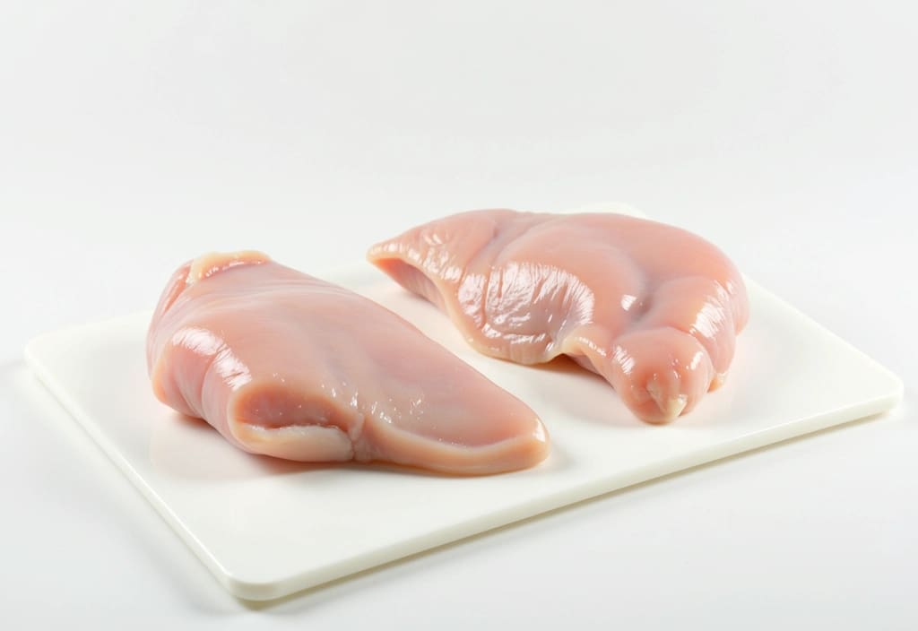 two raw lean skinless chicken breasts on a cutting board highlighting its fundamental quality as a pure low-fat protein for weight loss